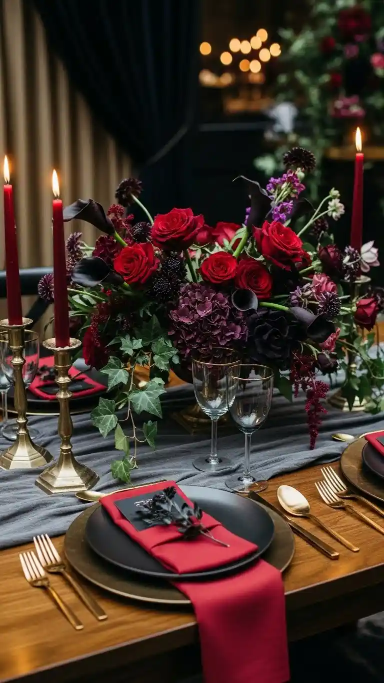 Aisle Runners with Coastal Motifs Dramatic Dark Floral Sweetheart Table Designs