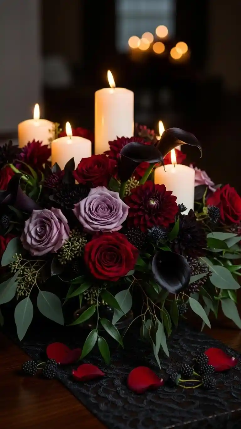 Aisle Runners with Coastal Motifs Romantic Dark Floral Centerpieces with Candle Accents