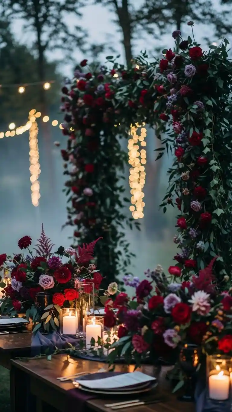 Aisle Runners with Coastal Motifs Dark Floral Wedding Arrangements for Outdoor Settings