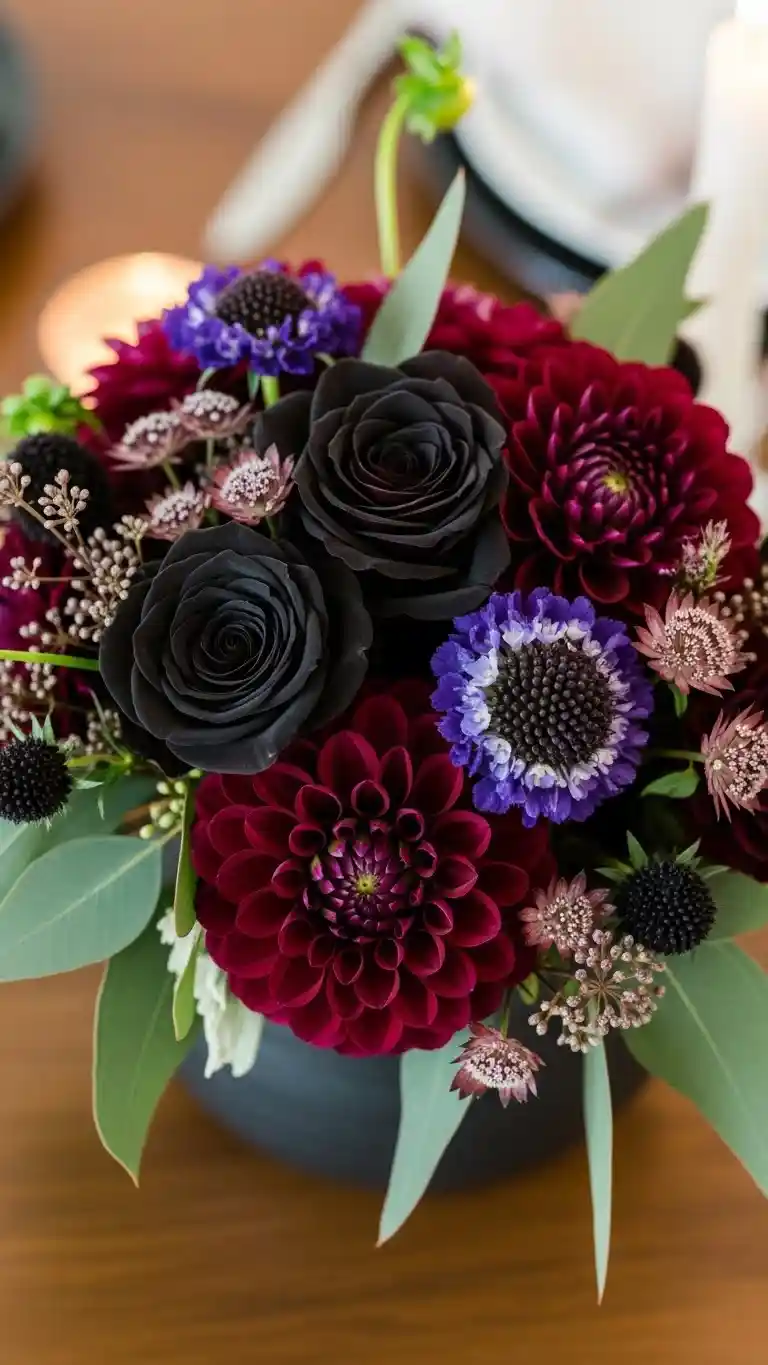 Aisle Runners with Coastal Motifs Compact Dark Floral Arrangements for Intimate Tables