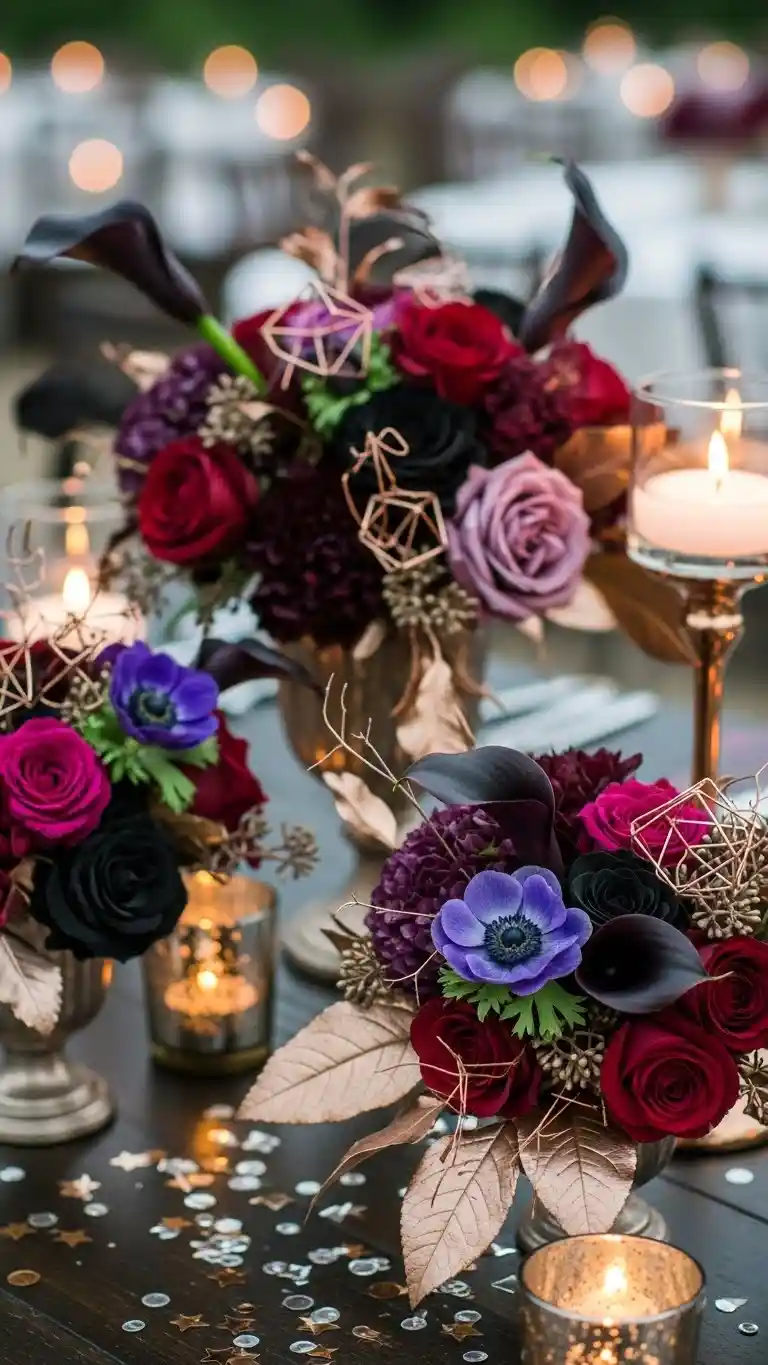 Aisle Runners with Coastal Motifs Dark Floral Wedding Arrangements with Metallic Accents