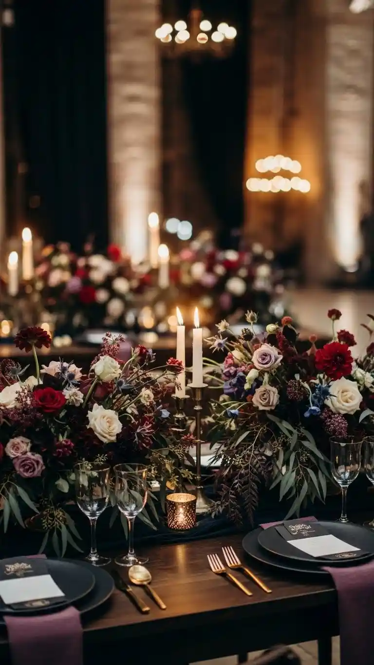 Aisle Runners with Coastal Motifs Moody Floral Head Table Arrangements