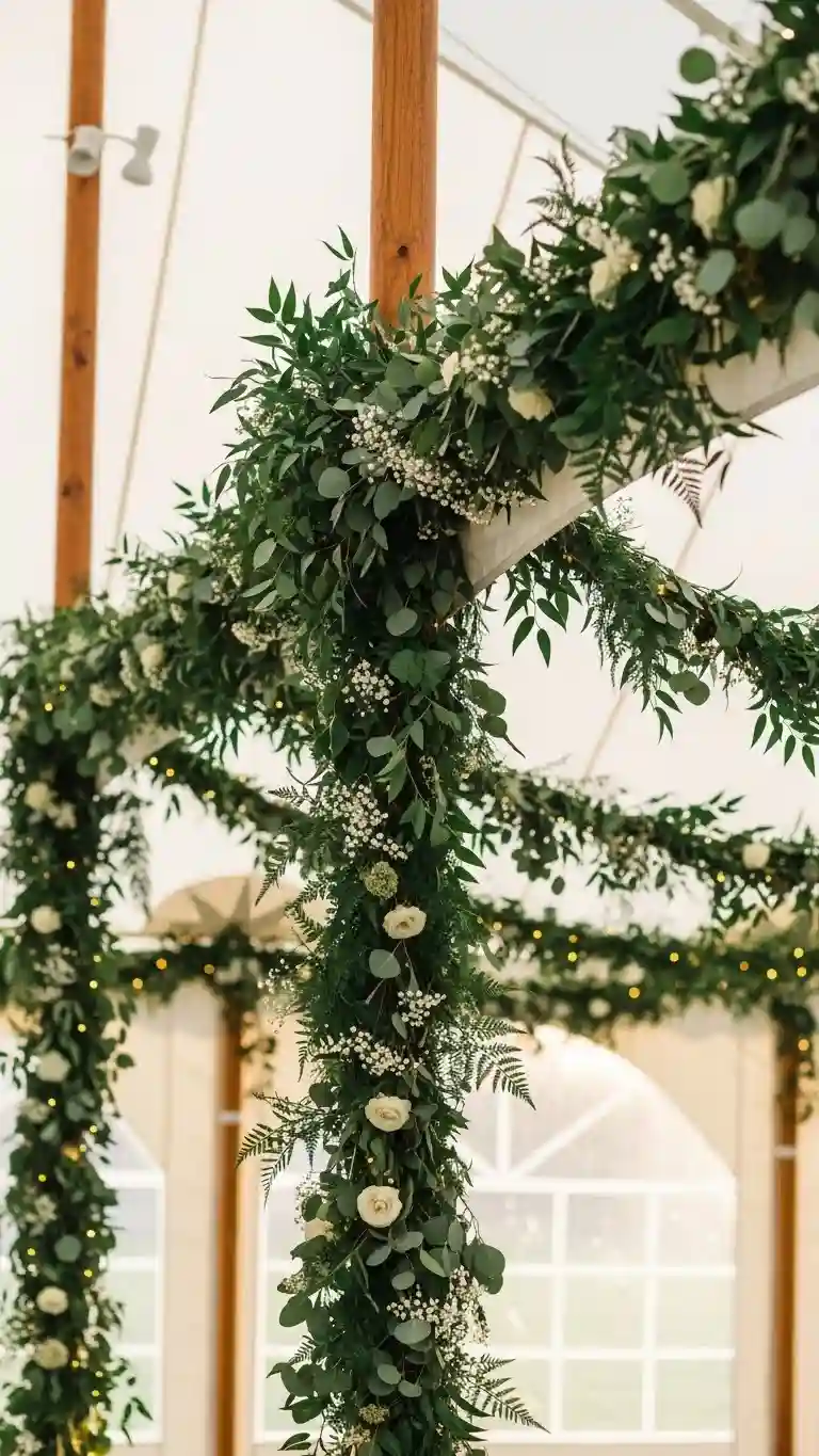 Aisle Runners with Coastal Motifs 7. Greenery Garlands Along Tent Ribs