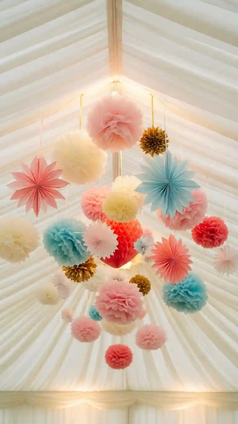 Aisle Runners with Coastal Motifs 11. Hanging Paper Flowers or Pom-Poms