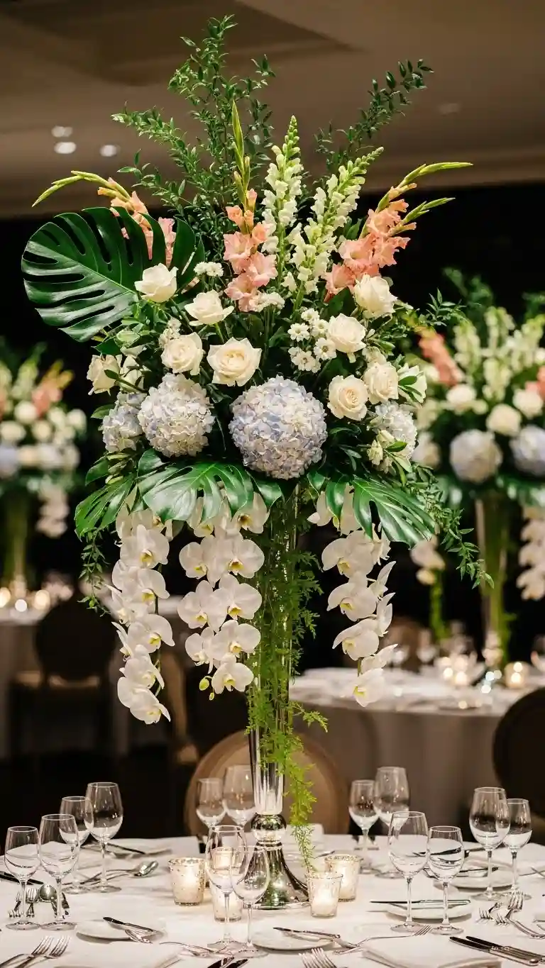 Aisle Runners with Coastal Motifs Vertical Floral Arrangements