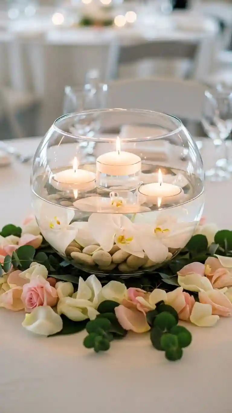 Aisle Runners with Coastal Motifs Floating Candle Centerpieces for Romantic Table Styling