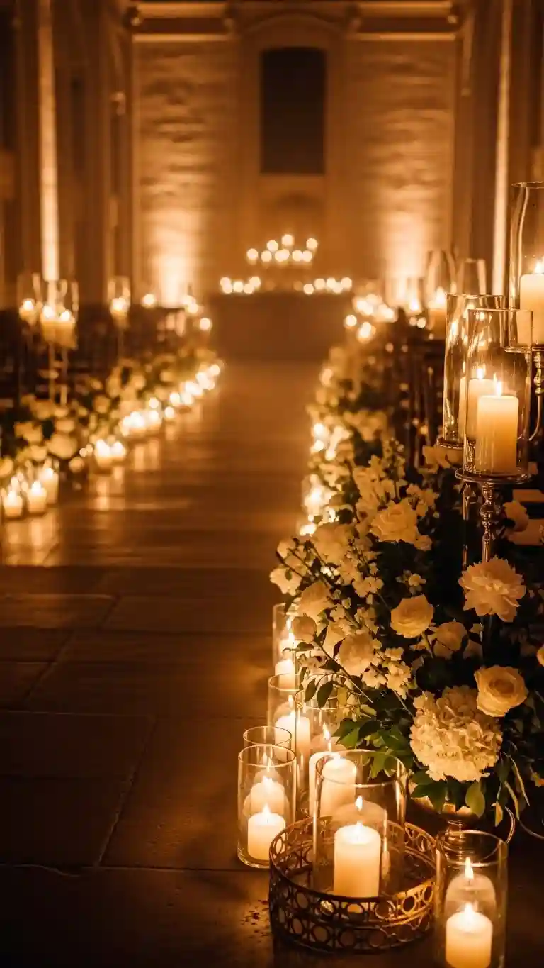 Aisle Runners with Coastal Motifs Hanging Candle Installations for a Magical Overhead Glow