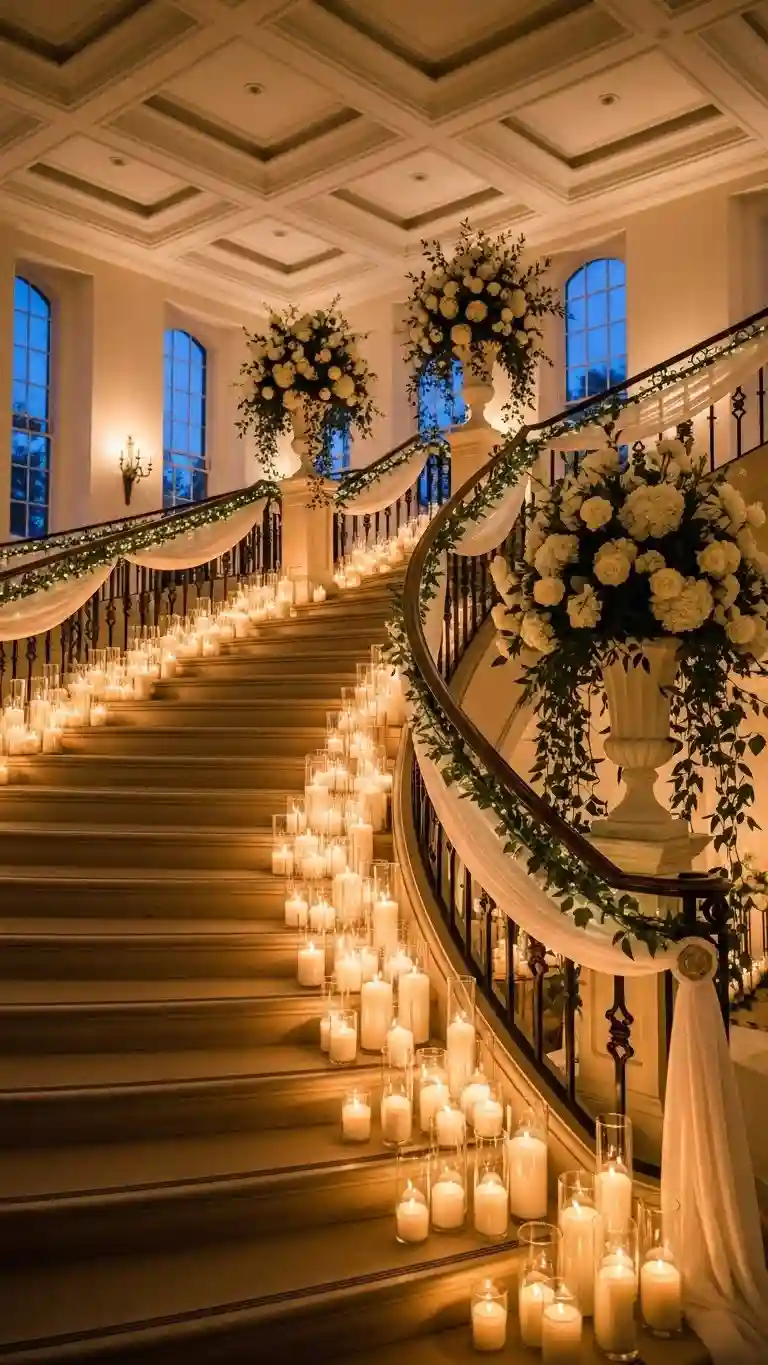 Aisle Runners with Coastal Motifs Candlelit Staircases for a Grand and Welcoming Entrance