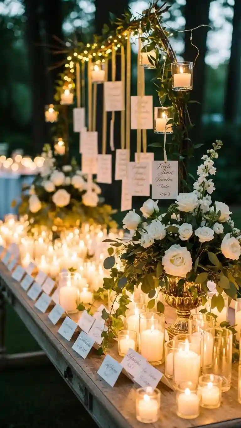 Aisle Runners with Coastal Motifs Candlelit Escort Card Displays for a Warm Welcome