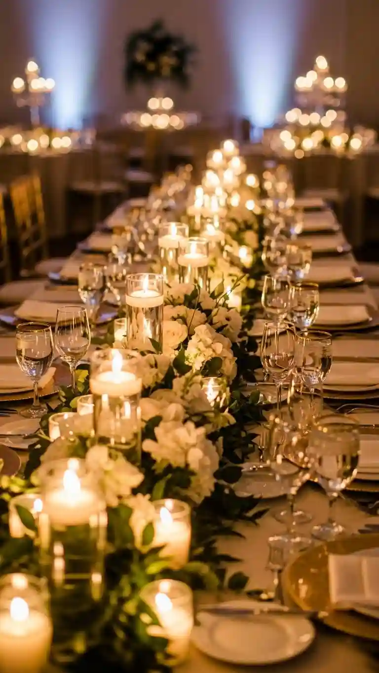 Aisle Runners with Coastal Motifs Candlelit Head Table for a Unified Reception Look