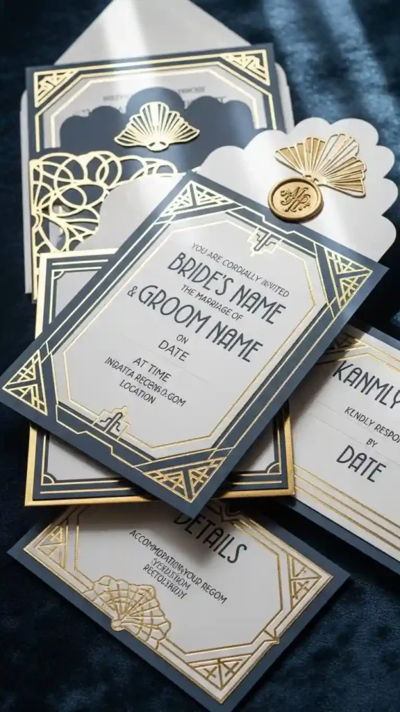 Aisle Runners with Coastal Motifs Layered Paper Art Deco Invitation Suites