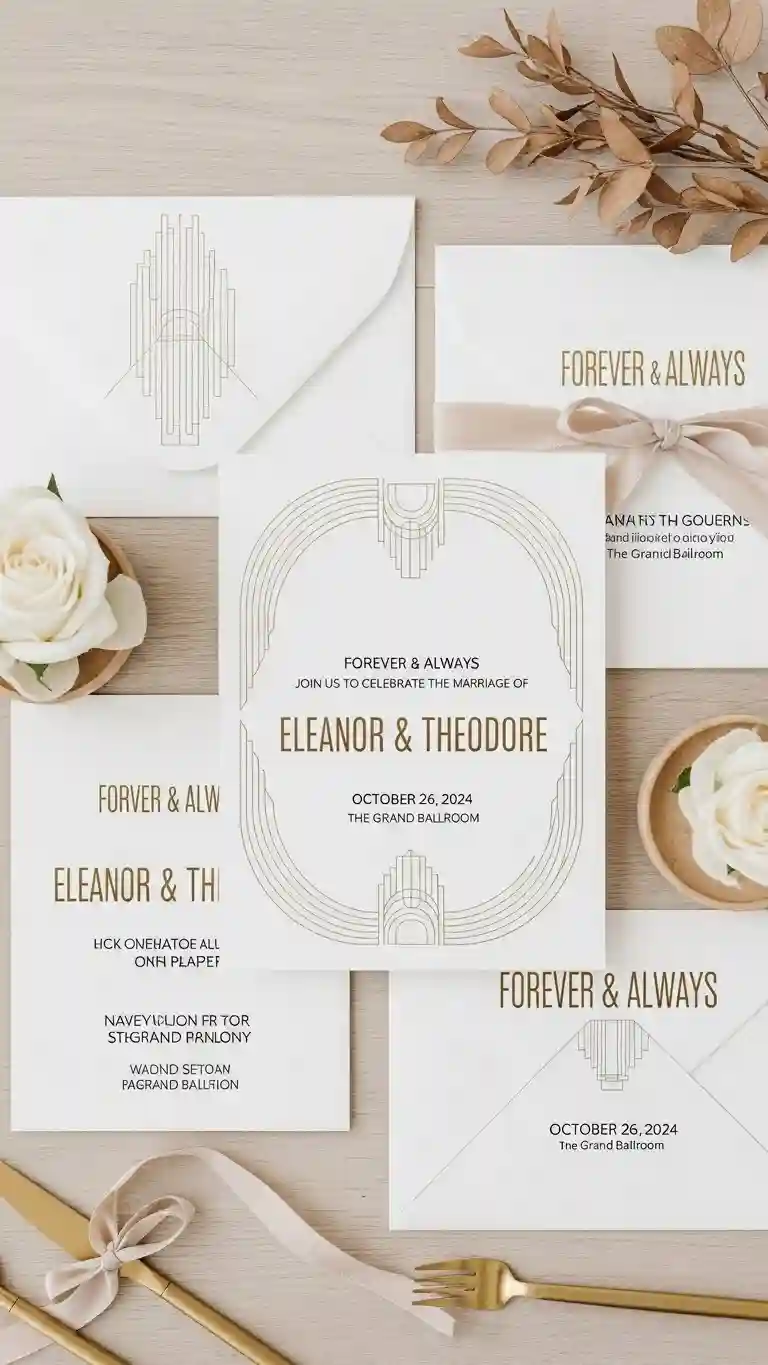 Aisle Runners with Coastal Motifs Minimal Line Art Deco Wedding Invitations