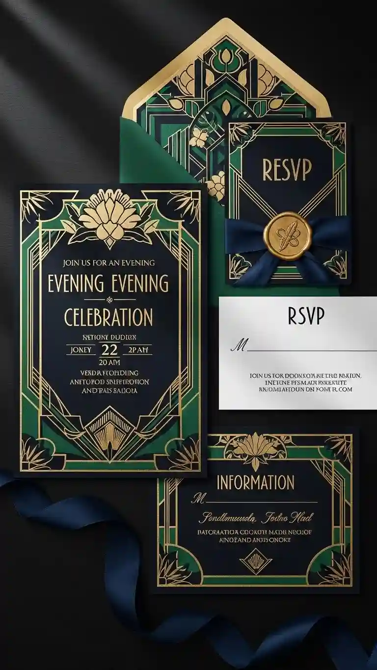 Aisle Runners with Coastal Motifs Velvet-Inspired Color Art Deco Invitations