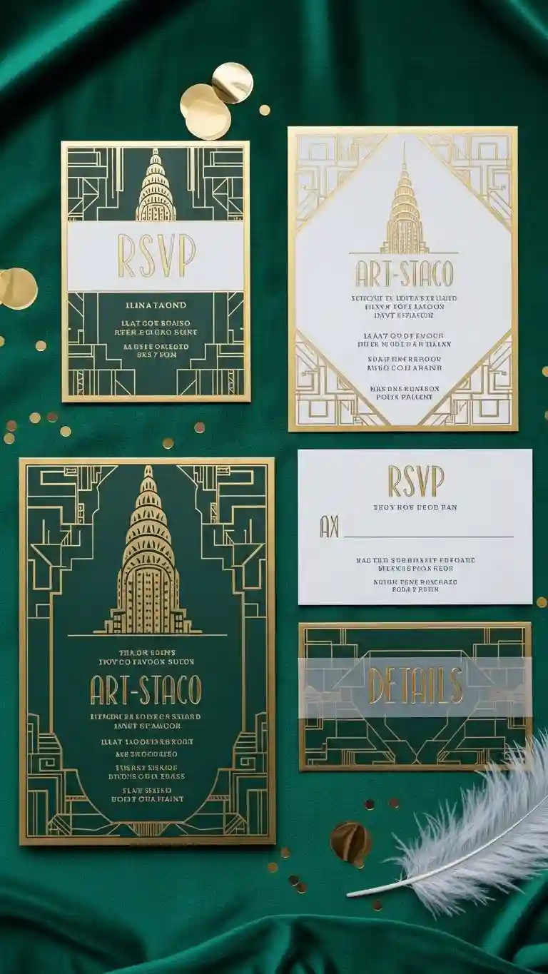 Aisle Runners with Coastal Motifs Foil-Stamped Art Deco Invitation Suites
