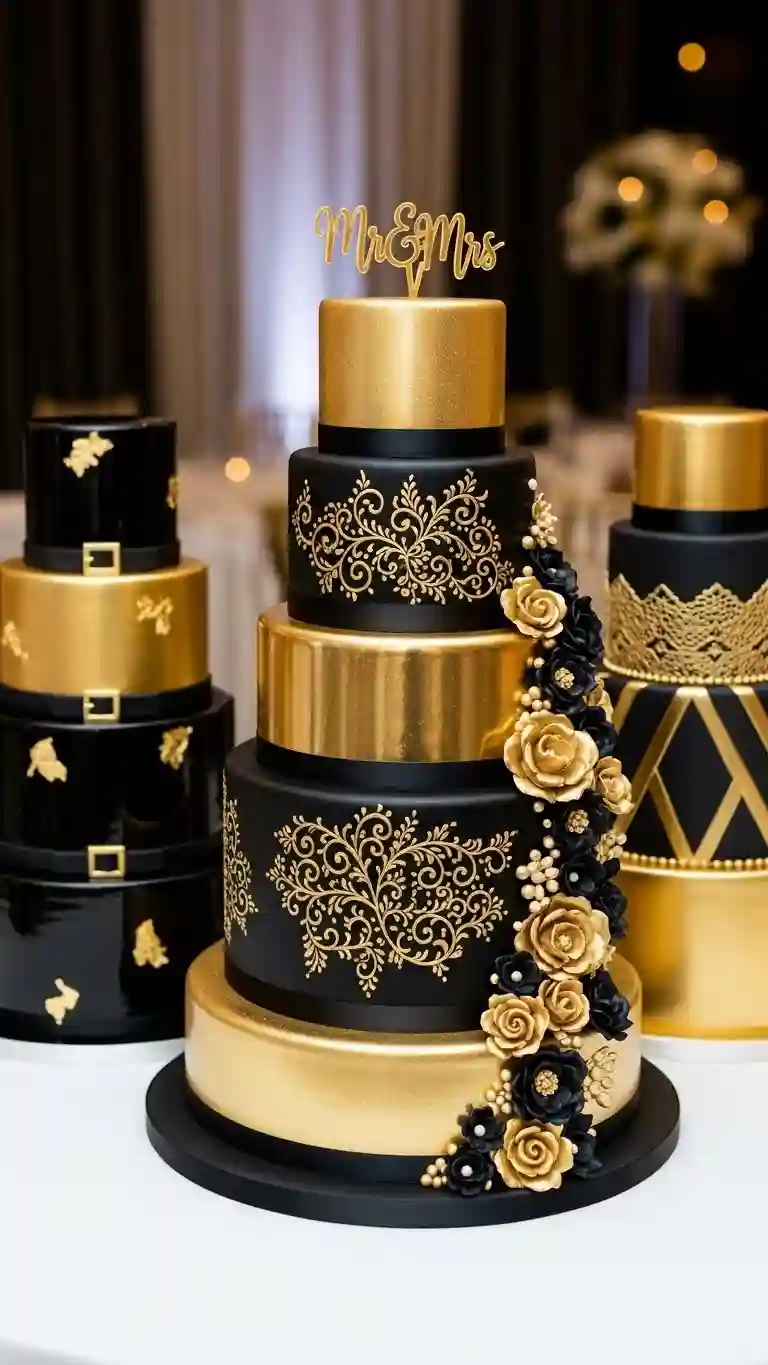 Aisle Runners with Coastal Motifs Black and Gold High-Gloss Finish Wedding Cakes