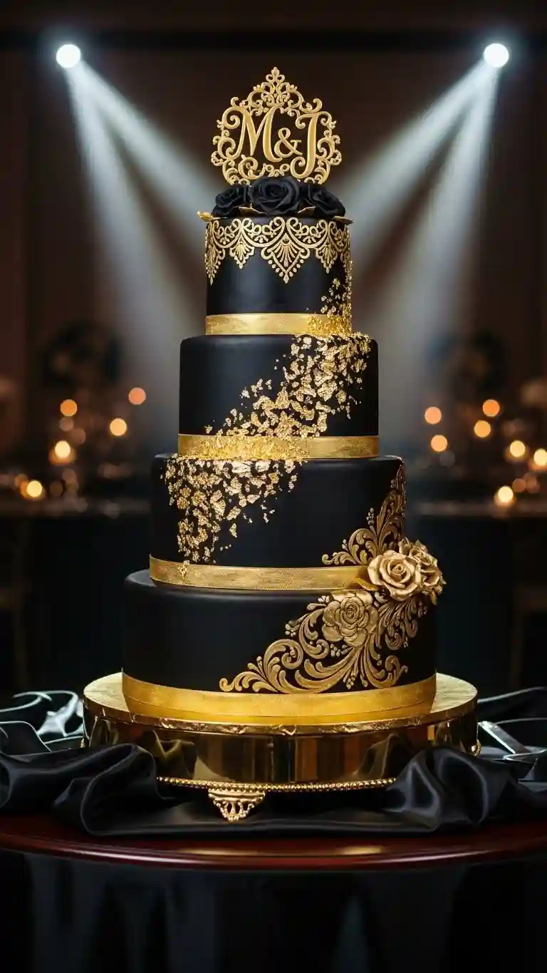 Aisle Runners with Coastal Motifs 2. Dramatic Black and Gold Wedding Cake