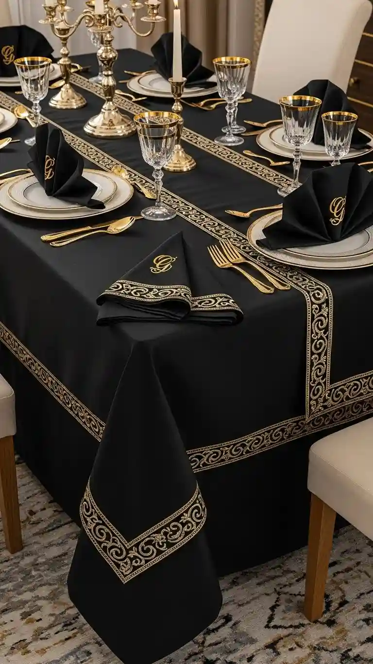 Aisle Runners with Coastal Motifs 3. Gold Accented Black Table Linens