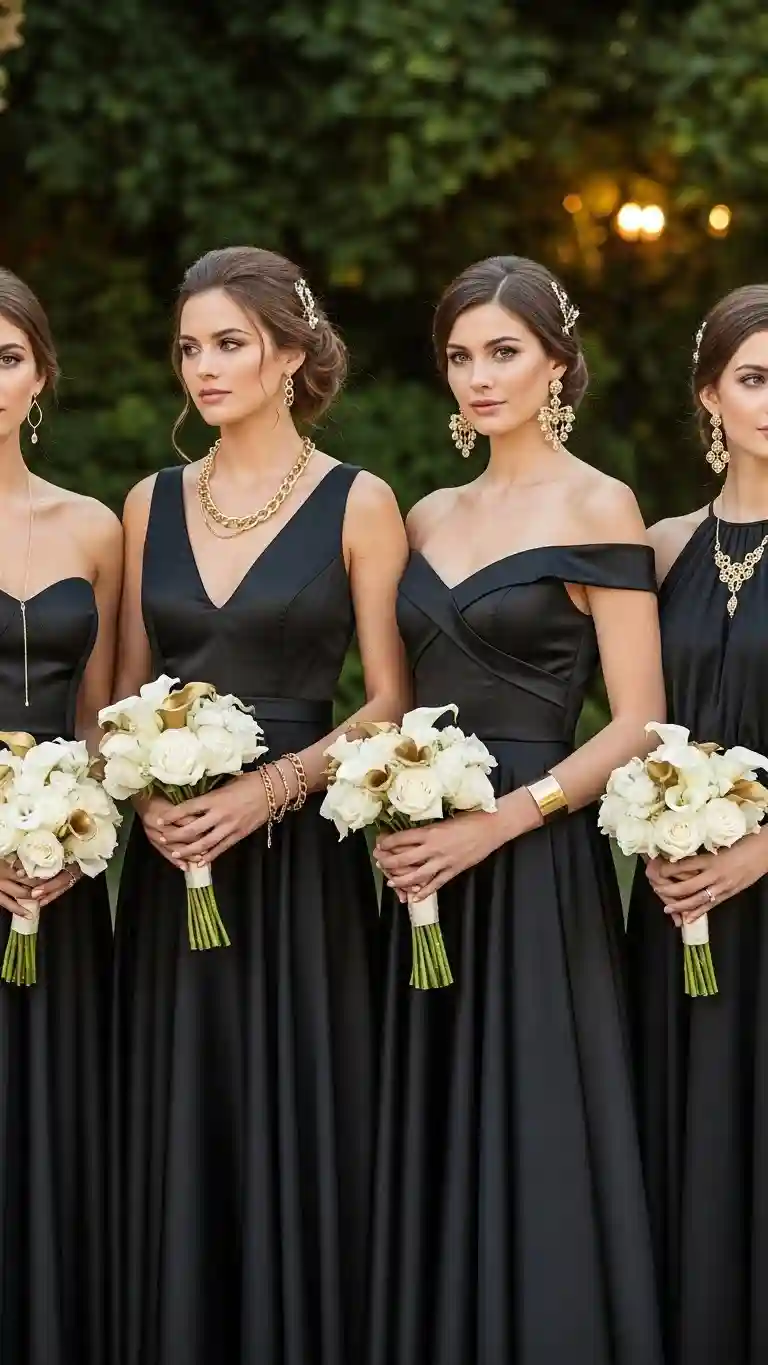 Aisle Runners with Coastal Motifs 4. Black Bridesmaid Dresses with Gold Jewelry