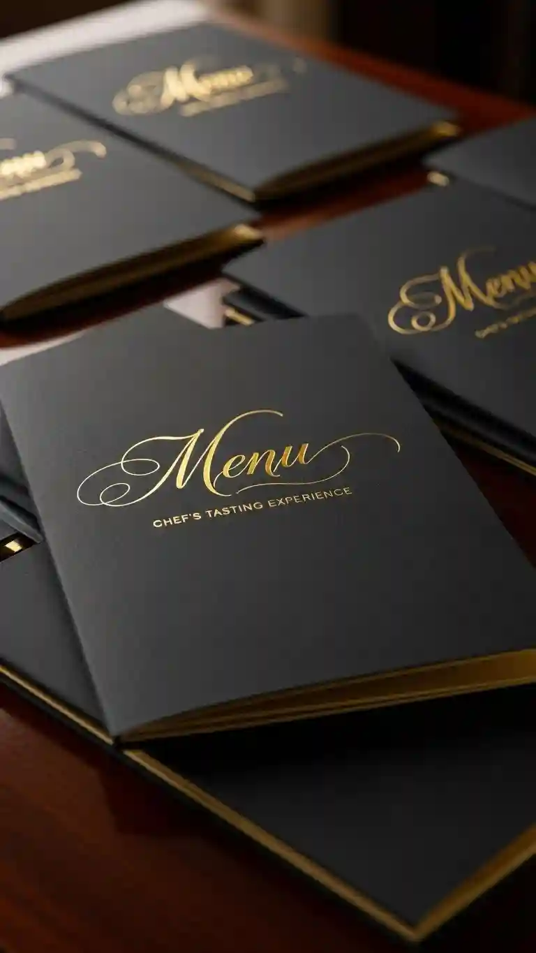 Aisle Runners with Coastal Motifs 5. Gold Calligraphy on Black Menus