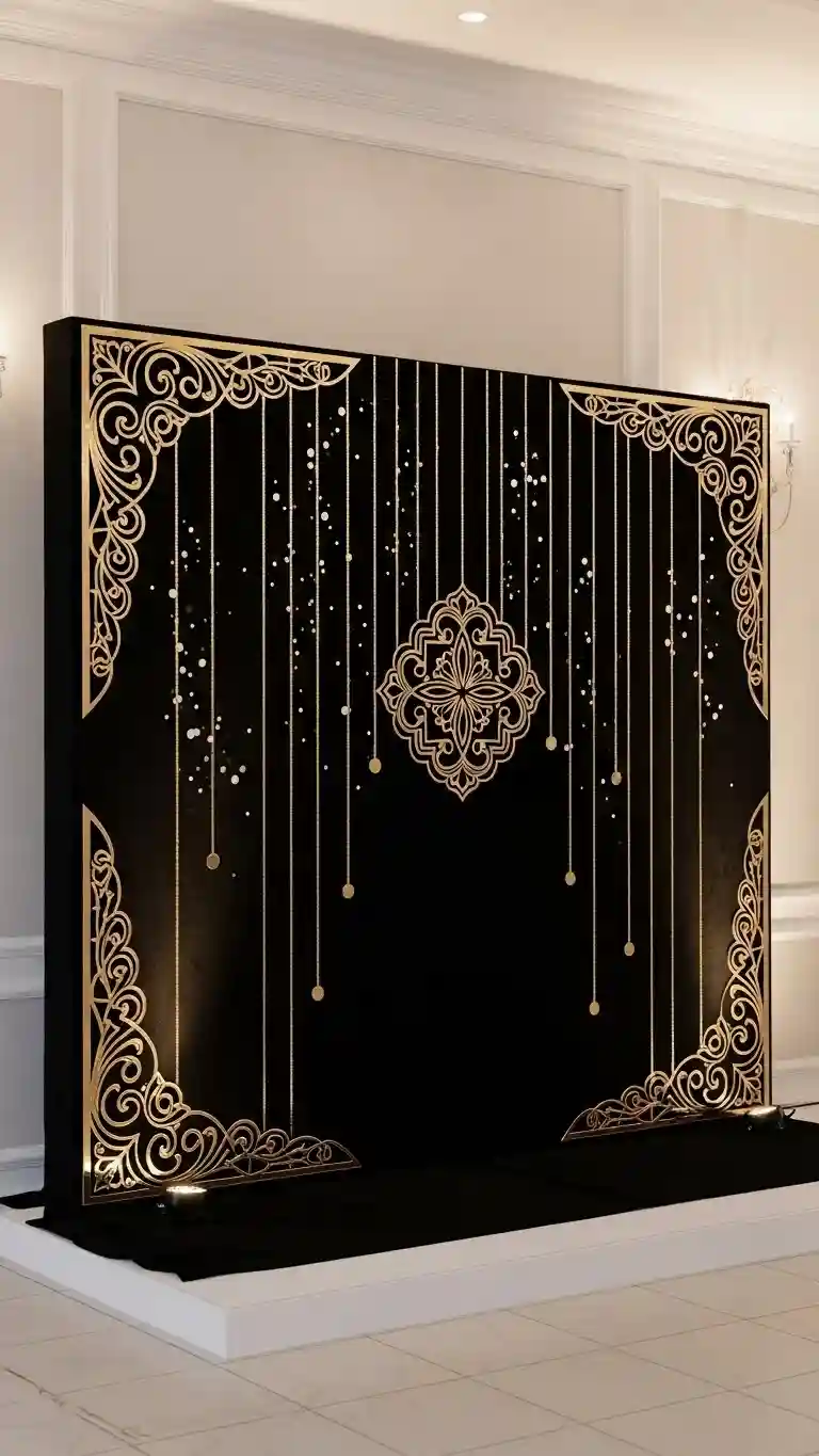 Aisle Runners with Coastal Motifs 6. Gold Accented Black Ceremony Backdrop