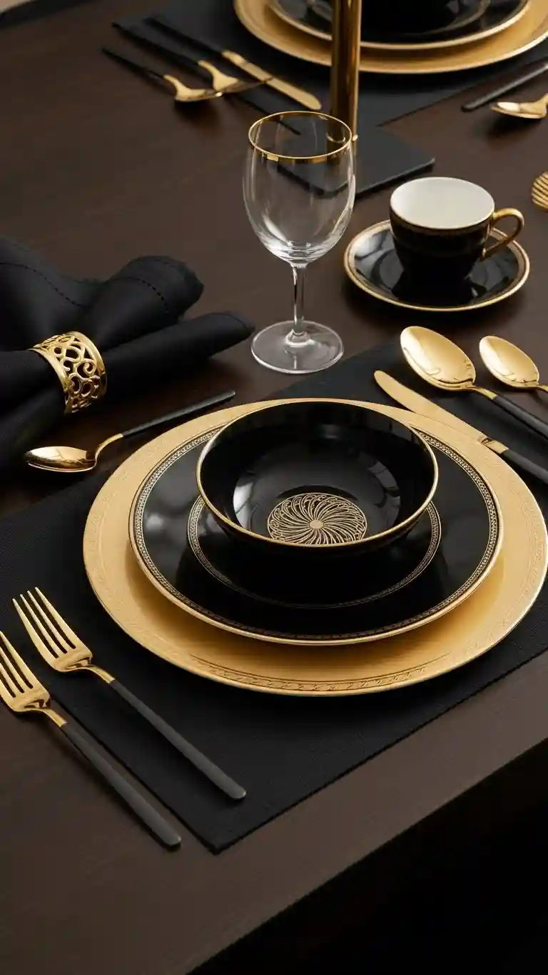 Aisle Runners with Coastal Motifs 7. Black Tableware with Gold Detailing