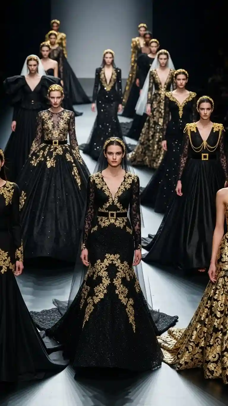 Aisle Runners with Coastal Motifs 9. Dramatic Black Wedding Dresses with Gold Accents