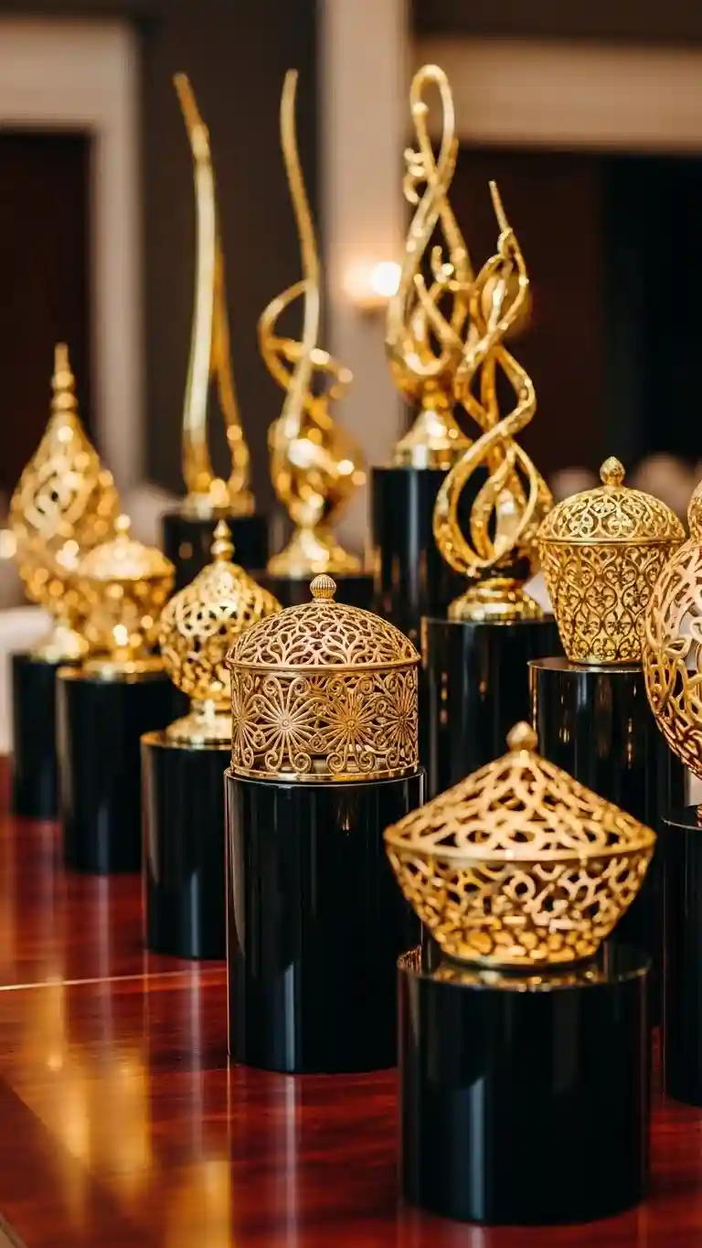 Aisle Runners with Coastal Motifs 10. Gold Centerpieces on Black Pedestals