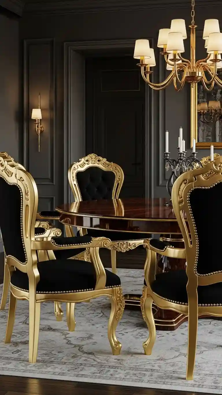 Aisle Runners with Coastal Motifs 11. Black Chairs with Gold Detailing