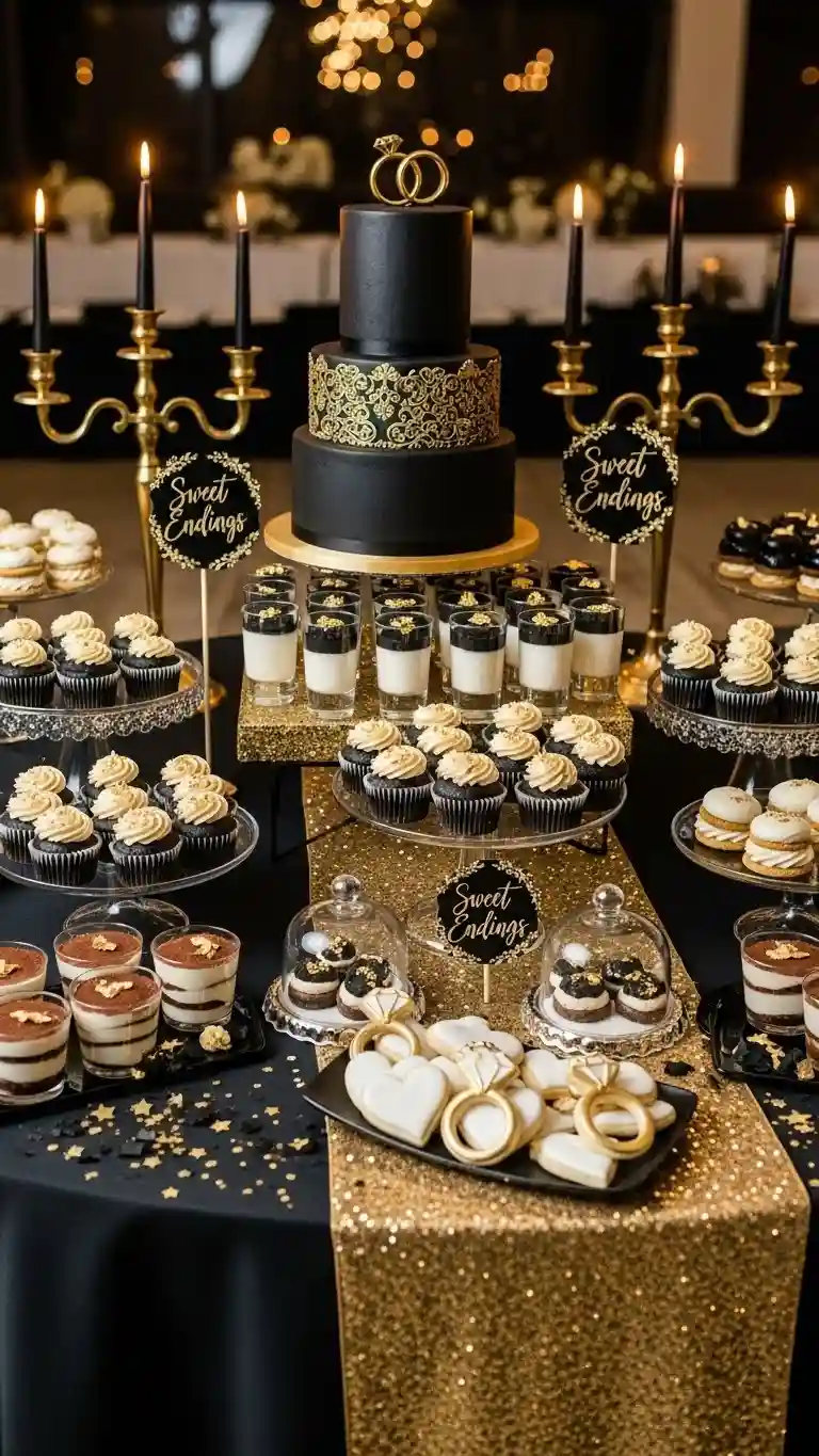 Aisle Runners with Coastal Motifs 18. Black Tablecloths with Gold Chiavari Chairs