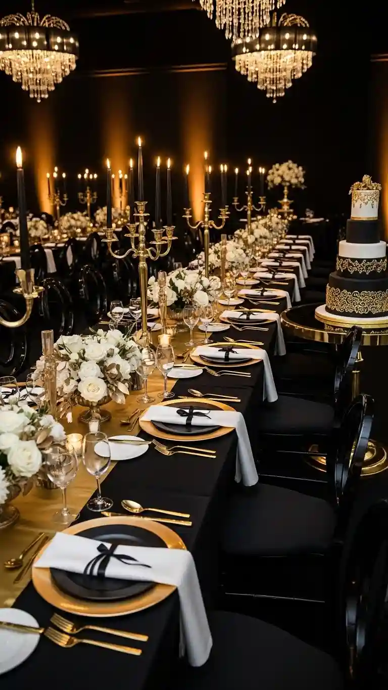 Aisle Runners with Coastal Motifs 12. Black and Gold Dessert Table