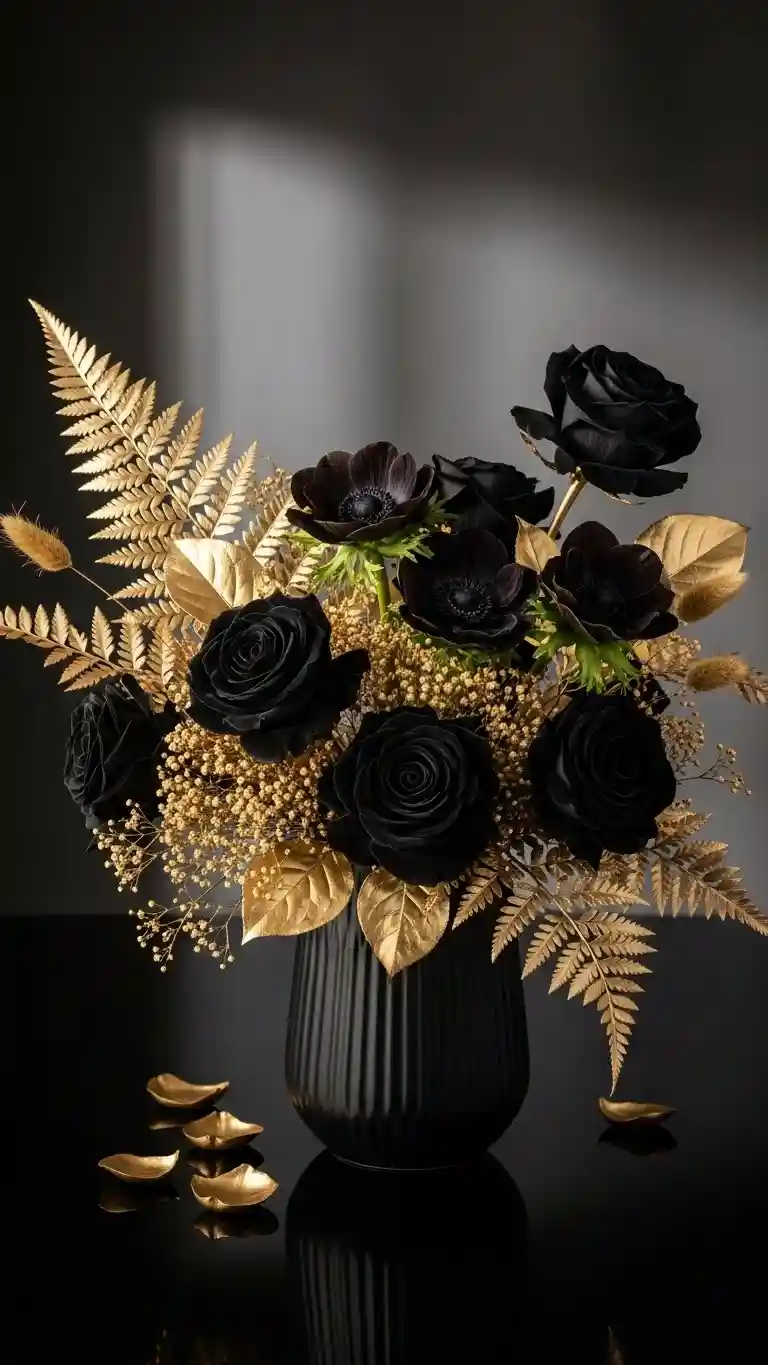 Aisle Runners with Coastal Motifs 19. Black and Gold Floral Arrangements