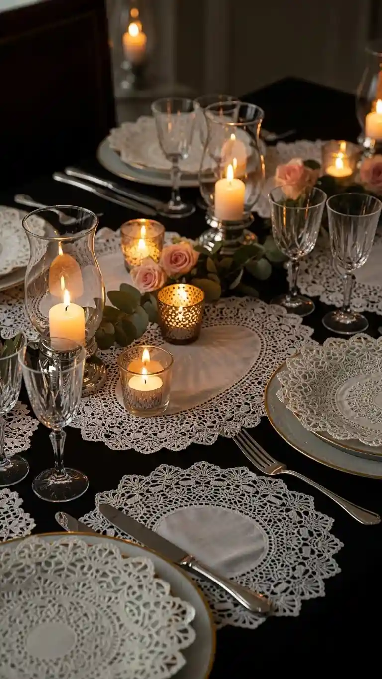 Aisle Runners with Coastal Motifs Elegant Evening Lace Doily Tablescapes with Soft Lighting
