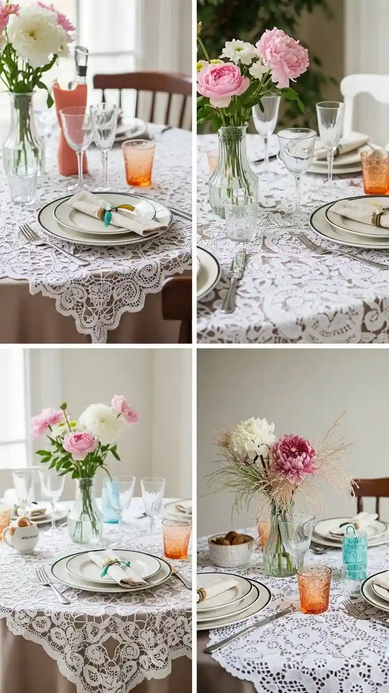 Aisle Runners with Coastal Motifs Whimsical Lace Doily Tablescapes with Playful Details