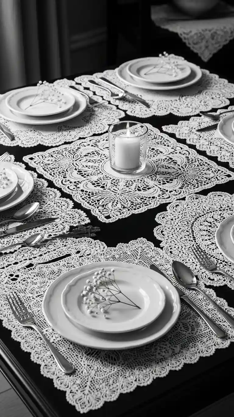 Aisle Runners with Coastal Motifs Monochrome Lace Doily Tablescapes for Timeless Appeal