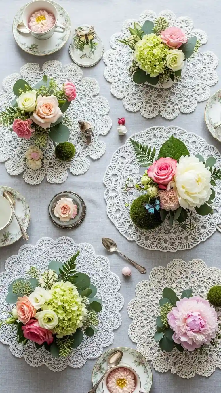 Aisle Runners with Coastal Motifs Garden-Inspired Lace Doily Tablescapes with Floral Layers