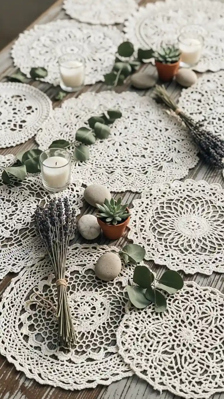 Aisle Runners with Coastal Motifs Bohemian Lace Doily Tablescapes with Natural Textures