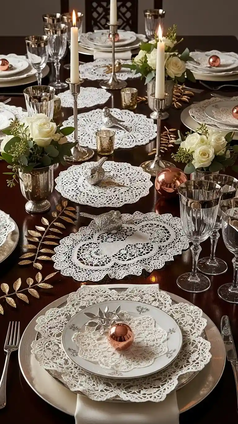 Aisle Runners with Coastal Motifs Elegant Lace Doily Tablescapes with Metallic Touches