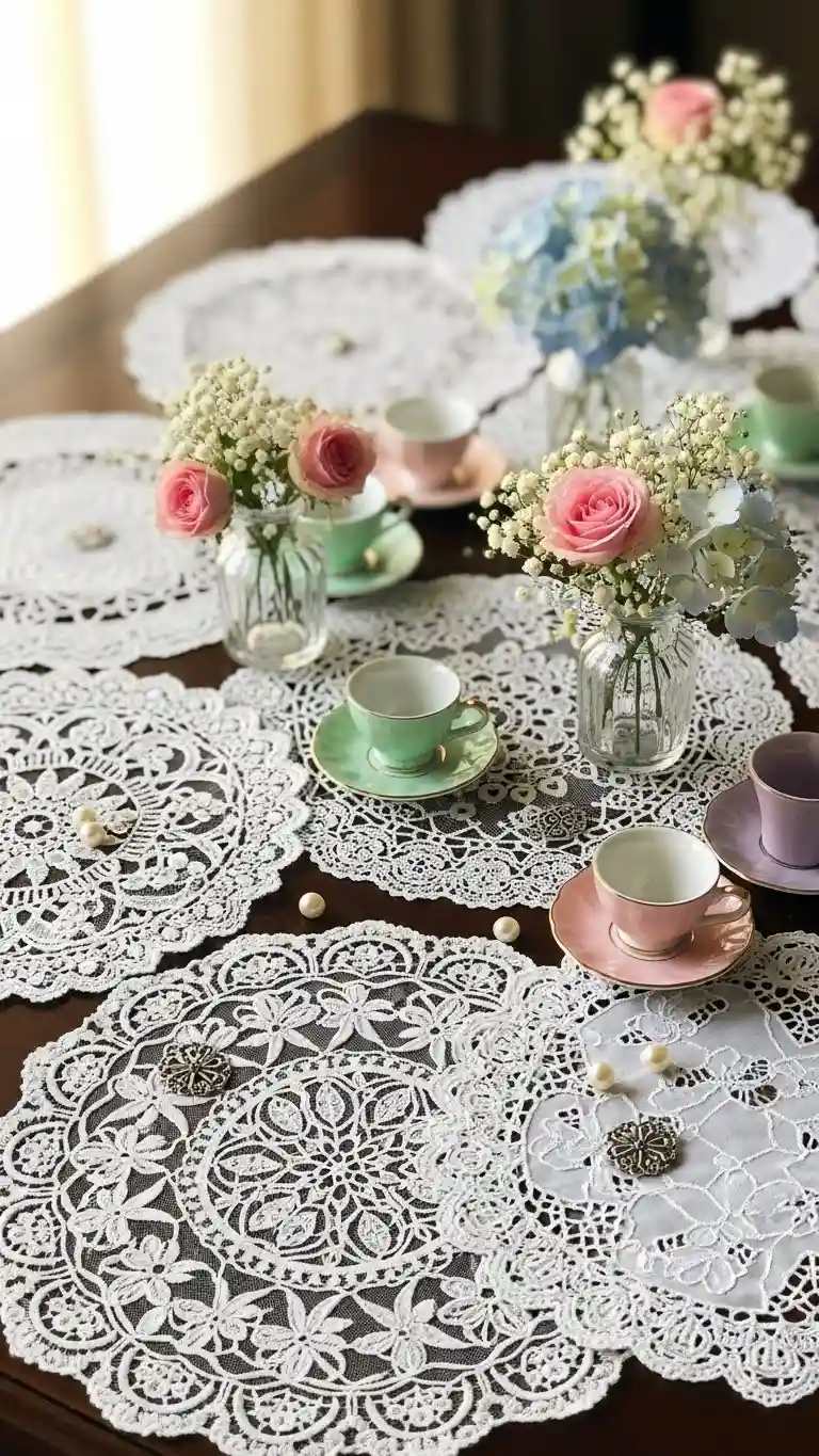 Aisle Runners with Coastal Motifs Romantic Lace Doily Tablescapes with Pastel Color Accents