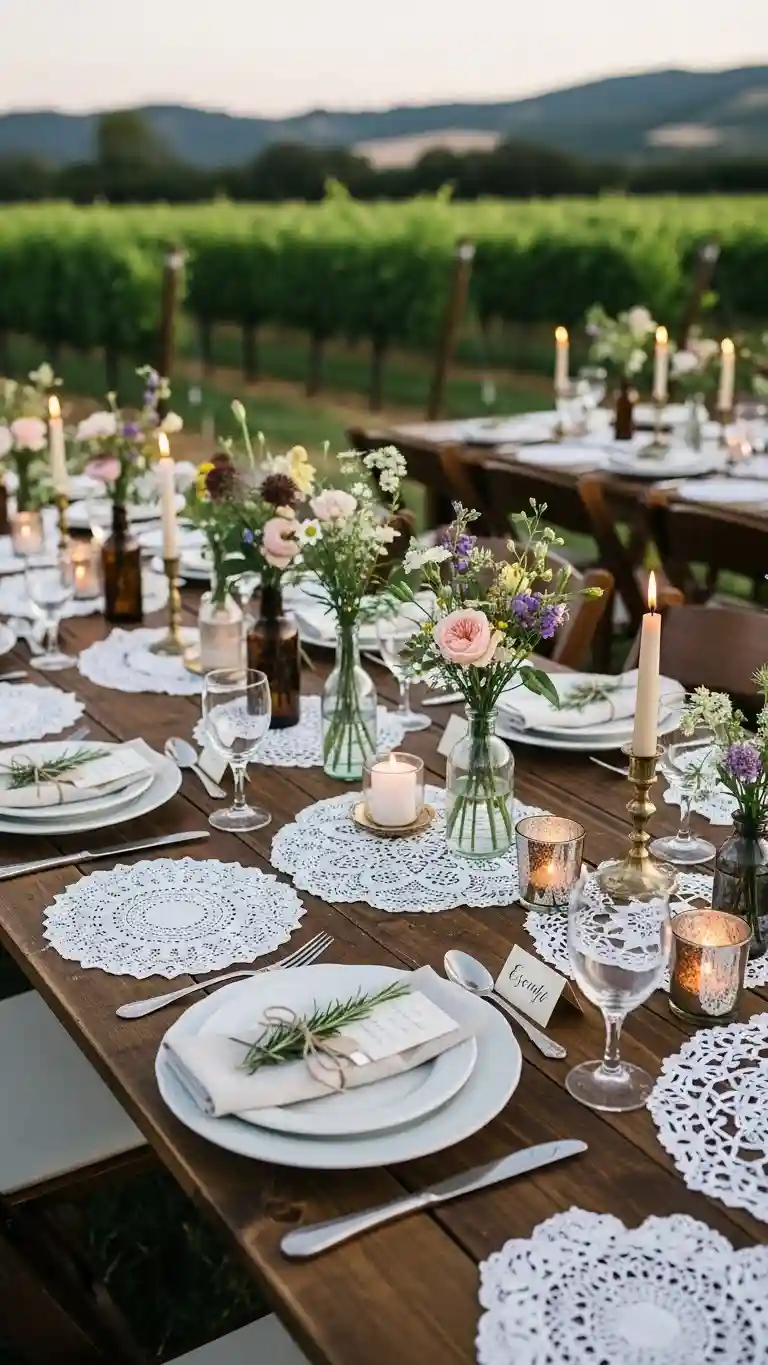 Aisle Runners with Coastal Motifs Rustic Lace Doily Tablescapes for Outdoor Weddings