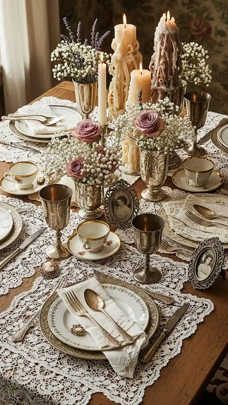 Aisle Runners with Coastal Motifs Vintage-Inspired Lace Doily Tablescapes with Heirloom Details