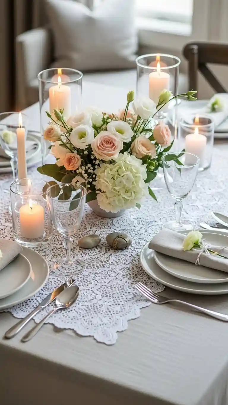 Aisle Runners with Coastal Motifs Classic White Lace Doily Tablescape with Soft Neutrals
