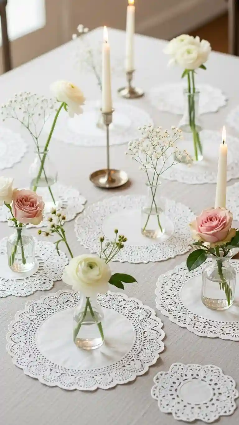 Aisle Runners with Coastal Motifs Minimalist Lace Doily Tablescapes with Subtle Romance