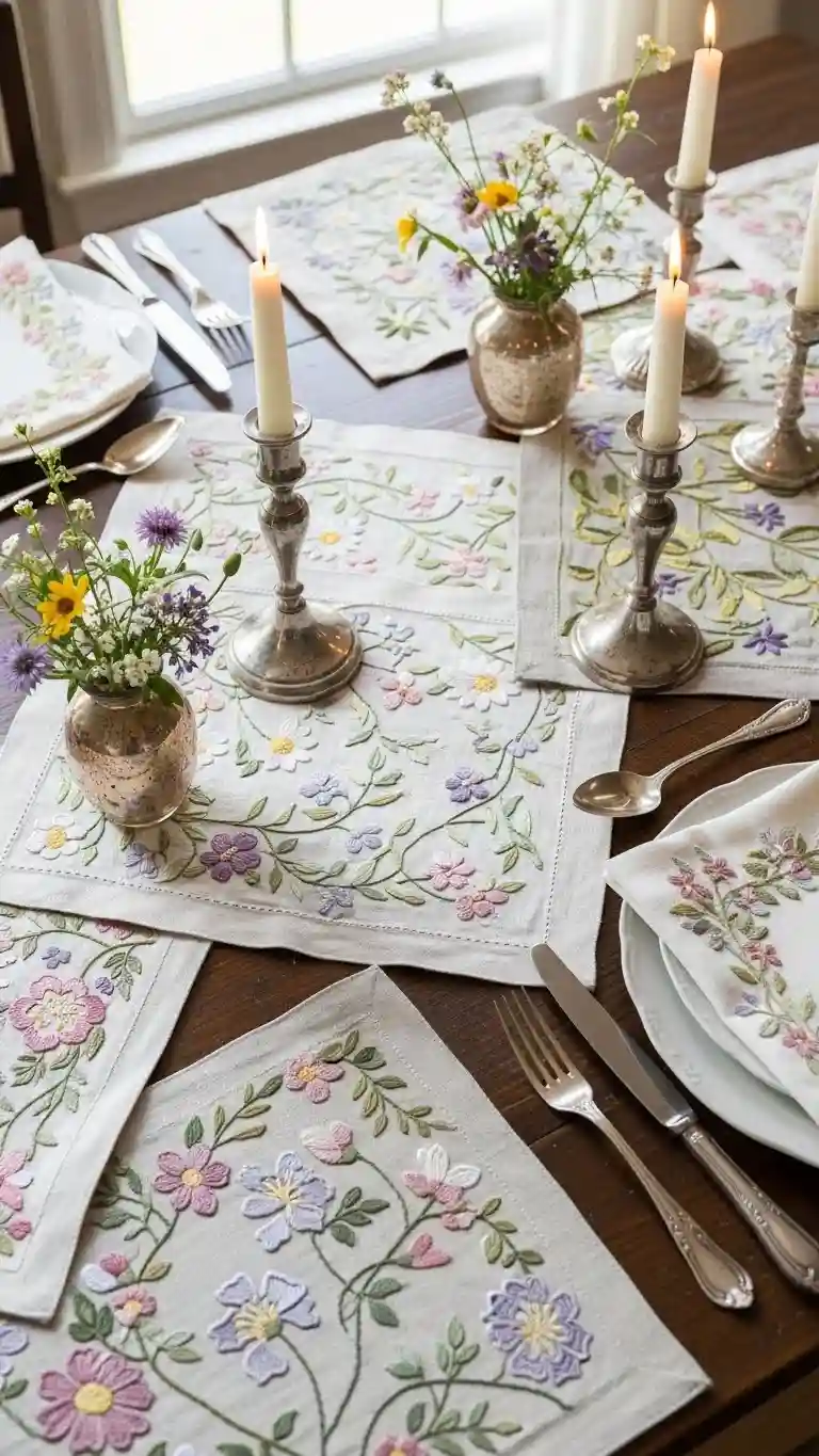 Aisle Runners with Coastal Motifs Floral Hand-Stitched Tablecloths for Romantic Ambiance