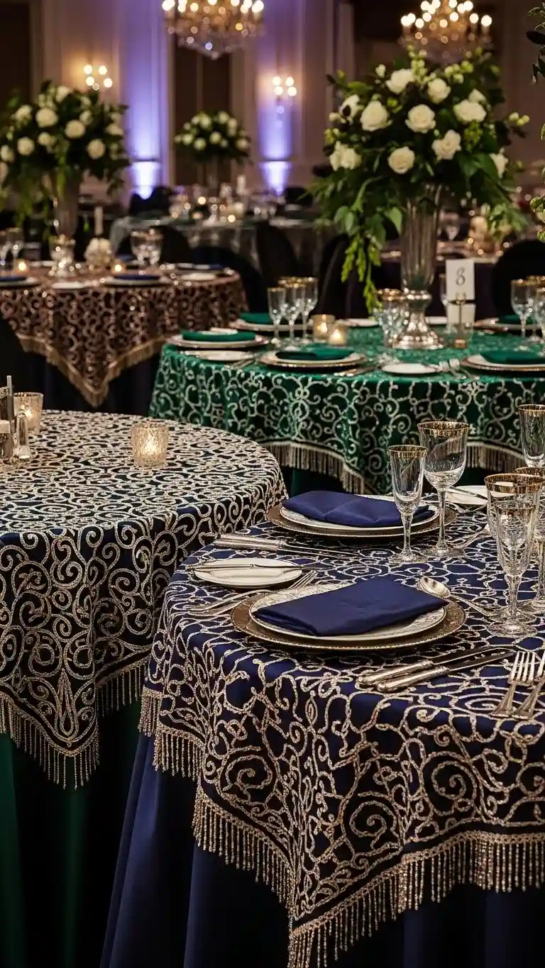 Aisle Runners with Coastal Motifs Metallic Thread Hand-Stitched Tablecloths for Glamorous Weddings