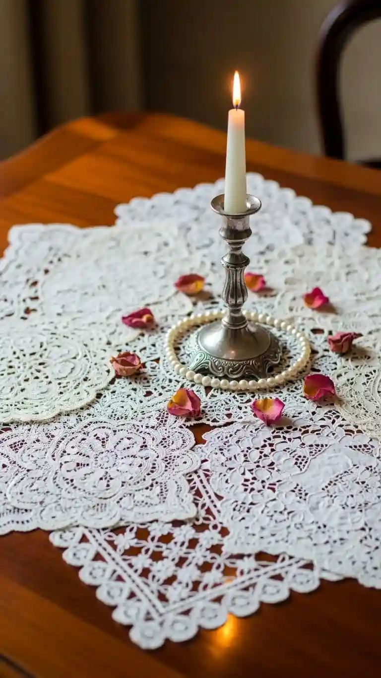 Aisle Runners with Coastal Motifs Style Vintage Lace Doily Centerpieces with Confidence