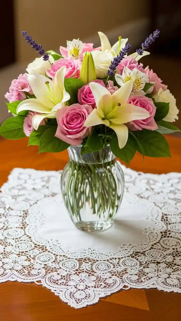 Aisle Runners with Coastal Motifs Floral Glass Vase on a Lace Doily Base