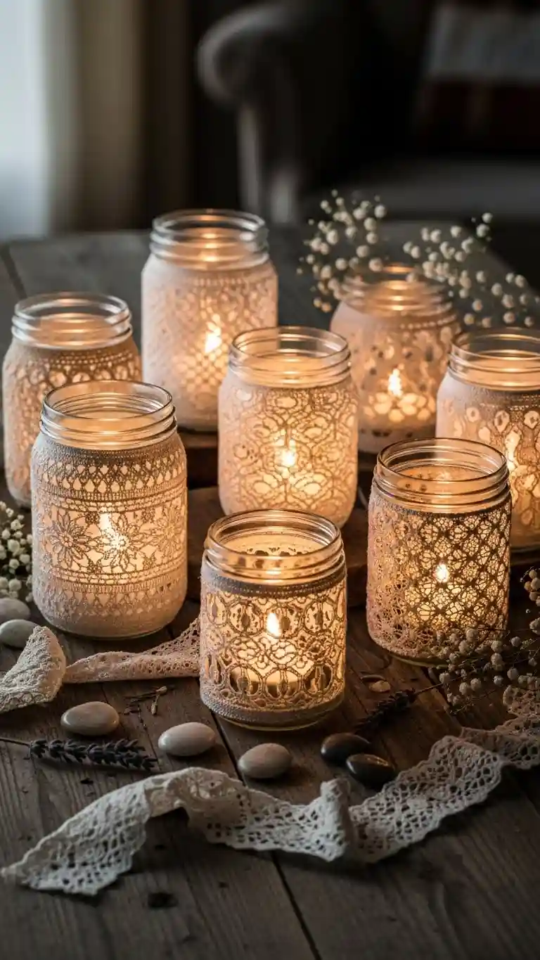 Aisle Runners with Coastal Motifs Mason Jar Candle Centerpieces with Lace Layers