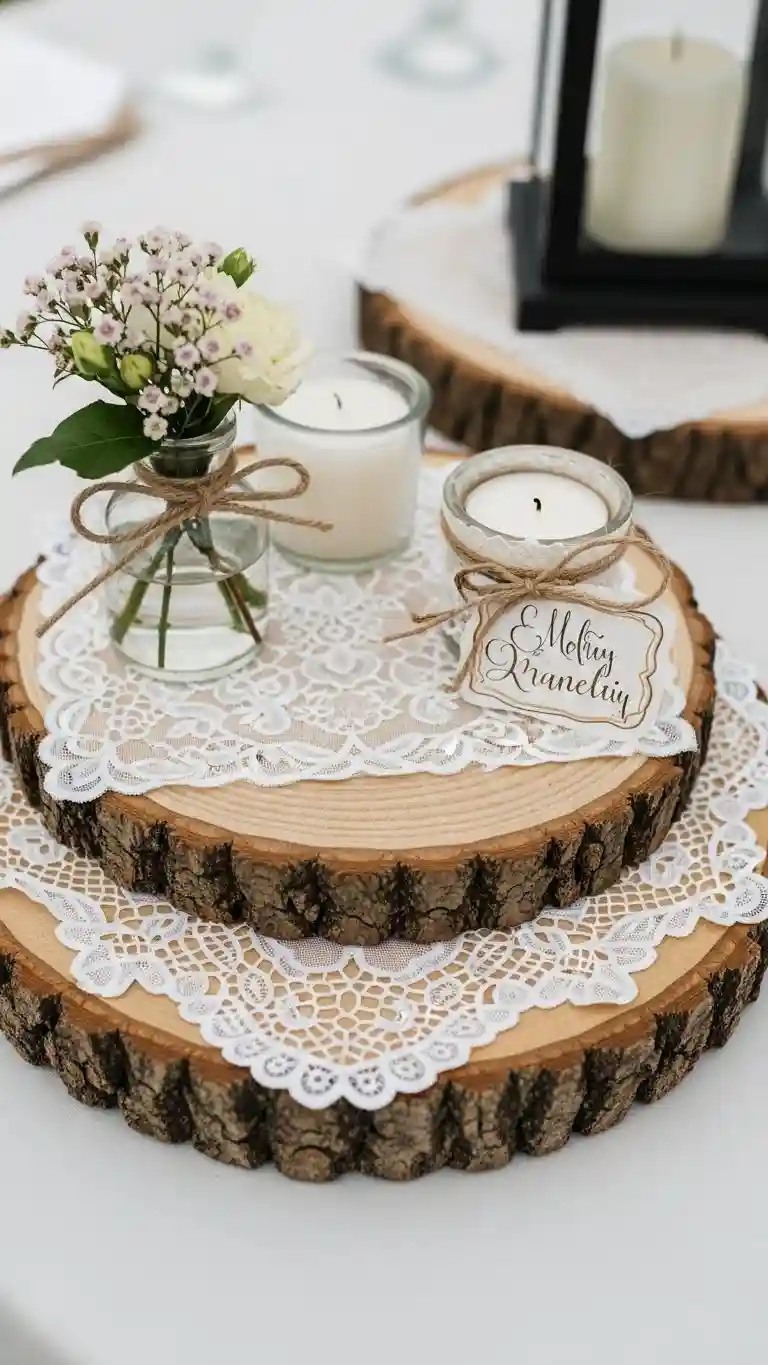 Aisle Runners with Coastal Motifs Wooden Slice and Lace Doily Pairing