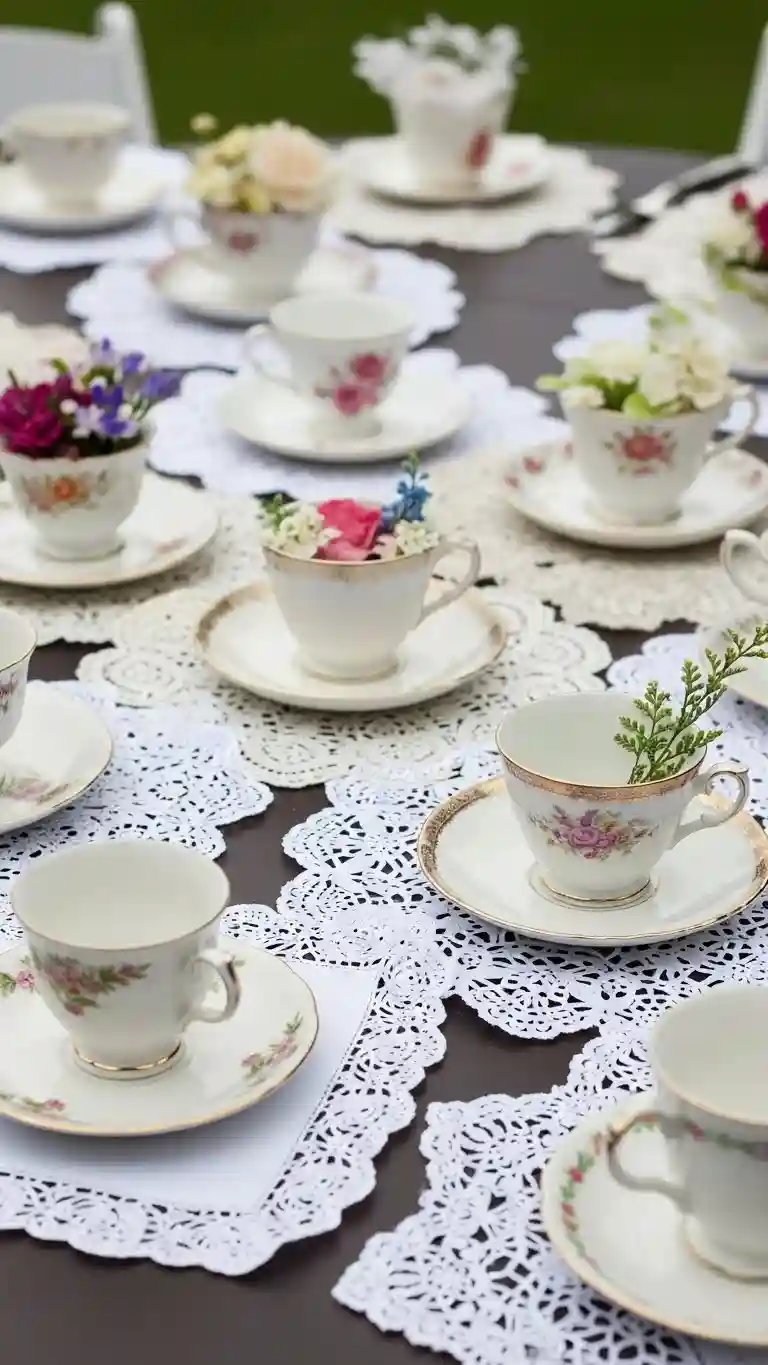Aisle Runners with Coastal Motifs Teacup and Saucer Lace Displays