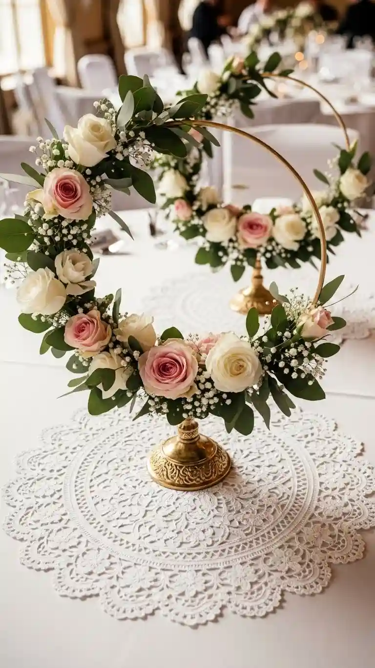 Aisle Runners with Coastal Motifs Lace Doily Under Floral Hoop Centerpieces